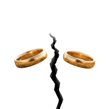 Broken wedding rings with crack. Gold bands separated by a fissure on white background.