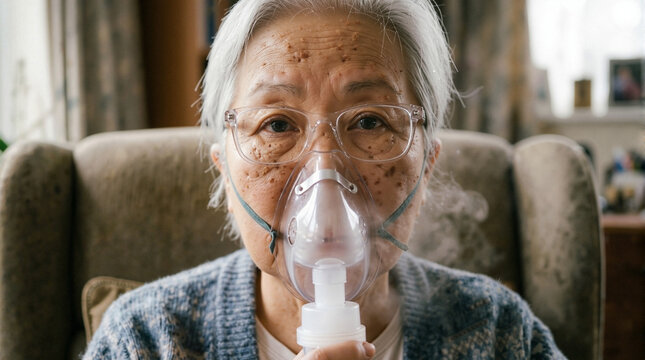 Elderly woman using inhaler for respiratory treatment at home. This elderly woman is receiving breathing assistance with nebulizer that delivers oxygen,