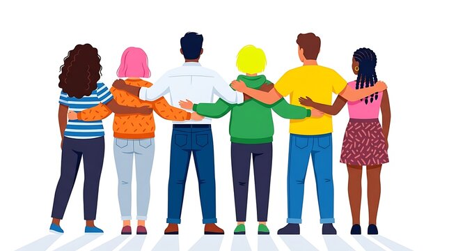 Diverse group of young people standing together in a row with arms around each other as a symbol of unity, friendship, and inclusion