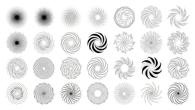 Geometric spiral shapes set, 28 abstract circular vortex icons, black and white radial line art vector elements for logo design and branding