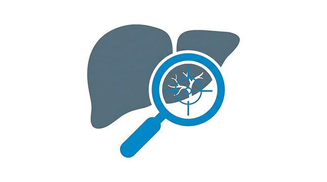 Medical liver examination icon with a magnifying glass focusing on internal anatomy for healthcare diagnostics and clinical research