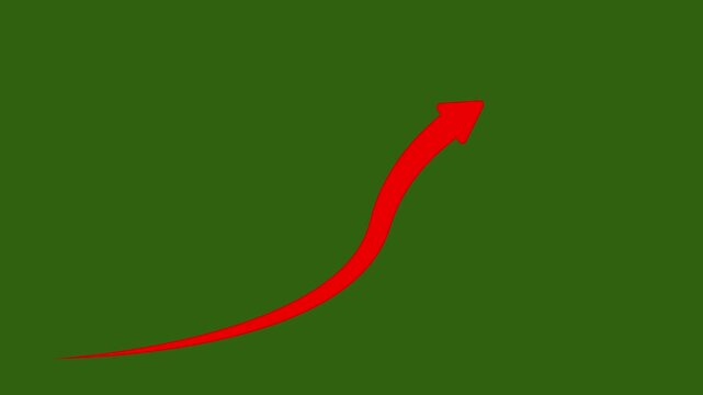 Bright Red Animated Curved Arrow Pointing Upwards on Chroma Key Green Background to Illustrate High Financial Profits Stock Market Success and Business Sales Growth Trends.