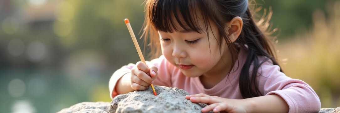 Child painting on rock with nature surrounding, young girl enjoying artistic expression outdoors, creative moment captured in serene environment with greenery and water.