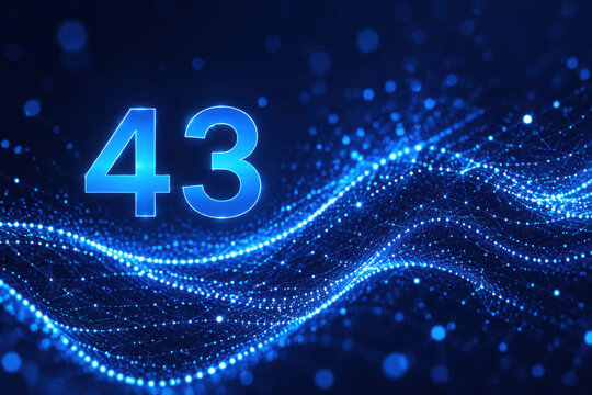 Number 43 with blue glowing particles and abstract light wave background isolated on white background