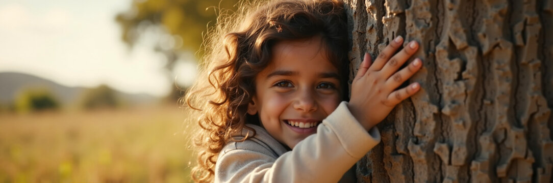 Child smiling while hugging tree in sunny park, enjoying nature and outdoor activities with happiness. Child embraces tree trunk in warm sunlight,