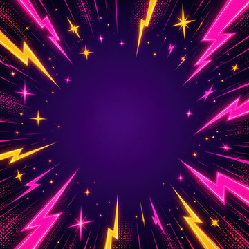 Neon pink and yellow lightning bolts frame on a dark purple background