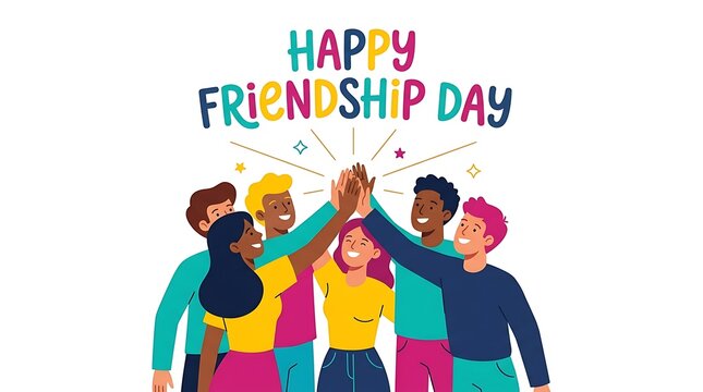 Diverse group of happy young friends giving a high five together for International Friendship Day celebration on white background