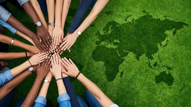 Diverse group of people joining hands together over a green grass world map representing global unity and environmental sustainability