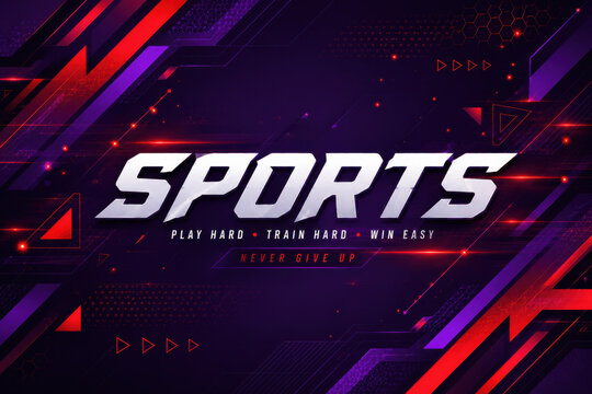 Sports text banner with dynamic purple and red neon light abstract background