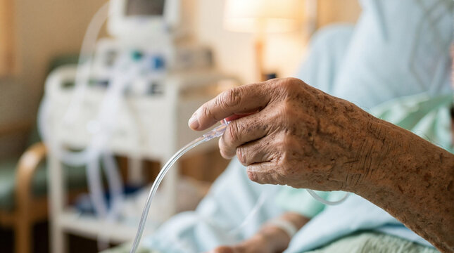 Patient holding oxygen mask tube in hospital room with medical equipment nearby. Oxygen therapy includes nebulizer, inhaler, and ventilator for respiratory support.