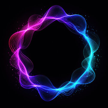 Neon blue and purple glowing particle circle frame on black background