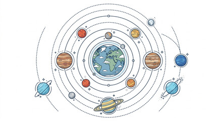 Colorful illustration of the solar system planets orbiting the sun. © Redasa