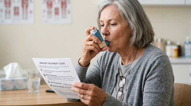 Senior woman using inhaler while reading treatment information for respiratory conditions. The inhaler is essential for managing breathing issues and assists with symptoms of lung diseases.