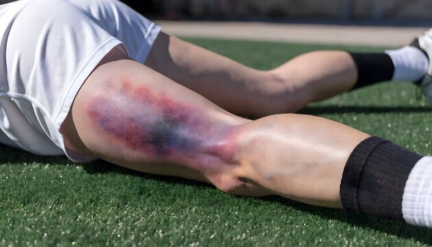 Severe hamstring muscle contusion on back thigh, sports trauma and leg pain, healthcare and insurance concept