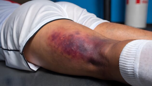 Close up of bruised posterior thigh, hamstring muscle injury and contusion, first aid and pain care context