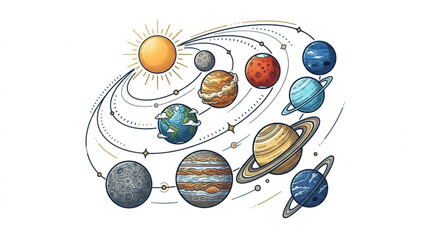 Colorful illustration of the solar system with planets and orbits. © Redasa