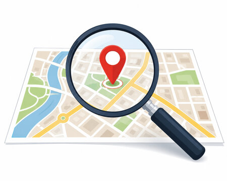 Magnifying glass over a red map pin on a city street map isolated on white background