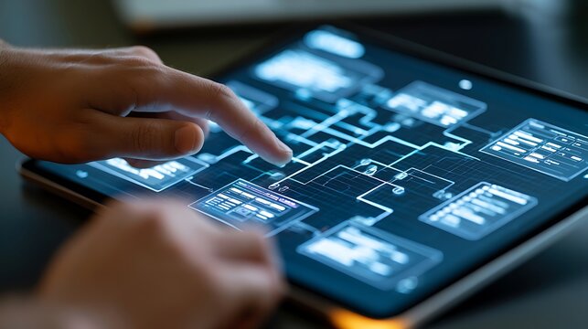 person interacting with futuristic digital interface on tablet, touching virtual screens and flowcharts, technology and innovation concept