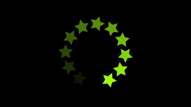 Green star shape loading icon buffer circle progress bar animation loop on black background for website app interface download upload status, neon preloader waiting sequence indicator.