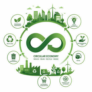 Circular economy concept with green sustainability and recycling icons