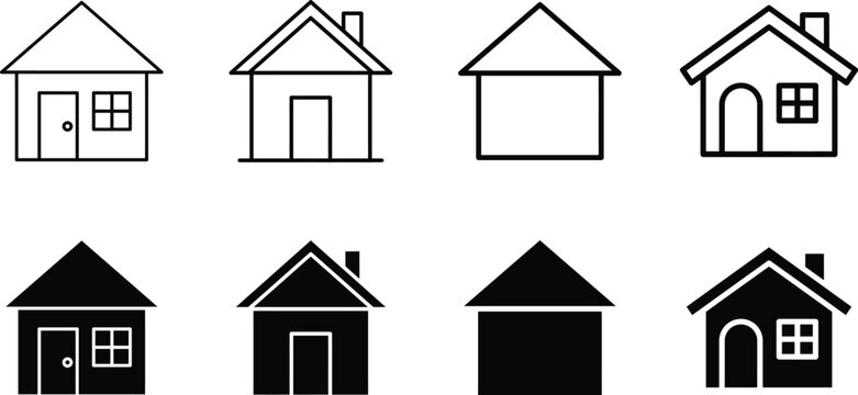 House Outline Icon Set, Home Line Icons Collection, Real Estate Property Symbols, Residential Building Outline Vector Pack, Modern Home UI Interface Icons Isolated on White Background