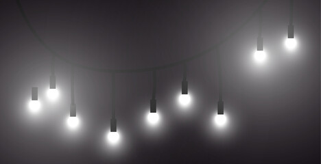 Obraz premium Glowing New Year light bulbs garland banner with foggy smoke effect