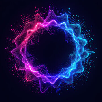 Abstract circular frame made of glowing neon blue and purple particles
