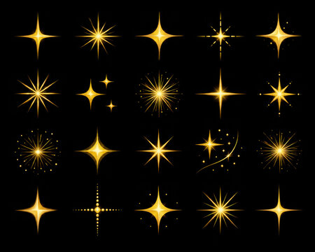 Collection of golden sparkling stars and glowing light flare icons isolated on white background