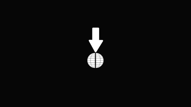 White arrow pointing down at a wireframe globe on black background direction world