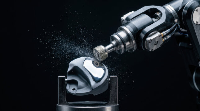 Robotic arm performing precise grinding on metal part with automation in manufacturing process producing fine metal dust particles