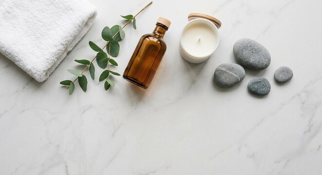 Spa self care flat lay with folded white towel eucalyptus amber bottle candle and stones on marble wellness relaxation copy space