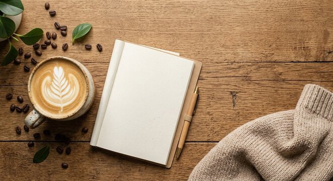 Cozy morning coffee flat lay with latte art open book knitted blanket and coffee beans on wooden table lifestyle copy space