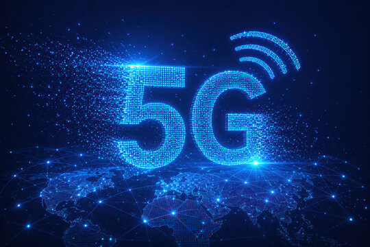 Glowing 5g network technology symbol with digital particles and waves