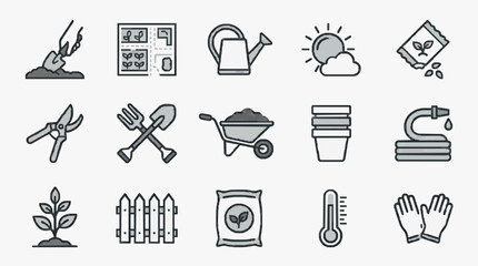Fototapeta premium Professional Monochromatic Line Drawing Icons Set Featuring Gardening Tools Planting Weather and Safety Gear