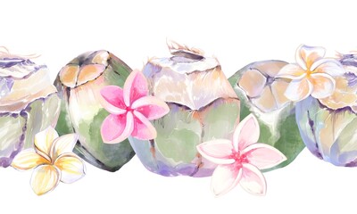 Hand-painted watercolor seamless tropical border with fresh green coconuts, refreshing coconut water, frangipani and hibiscus flowers. Perfect for summer fabric, wallpaper, stationery, and packaging © Tatiana