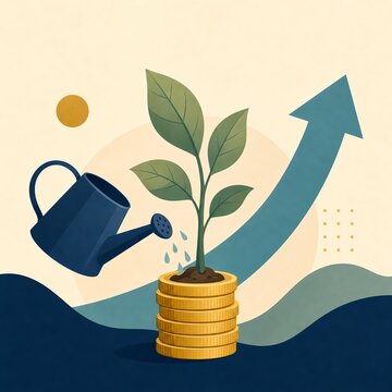 Investment growth and financial success concept plant growing from coin stack with watering can and rising arrow flat illustration