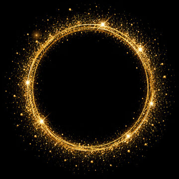 Shiny golden circle frame made of glowing glitter particles