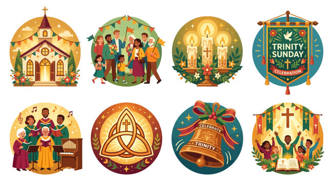 Religious illustrations depicting traditional Christian scenes and icons celebrate spiritual themes with vibrant colors and circular frames that are ideal for holiday marketing and church materials.