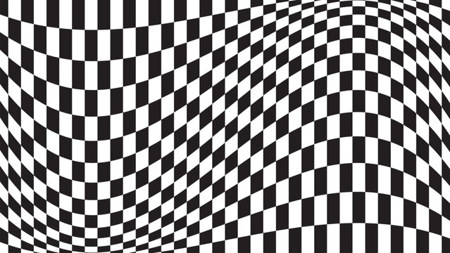 Abstract wavy black and white checkered pattern with a distorted grid design for modern graphic background