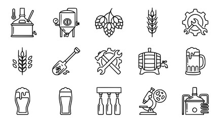 Fototapeta premium Craft Beer Brewing Icons: Hops, Barley, Barrel, Equipment, Microscope, Bottles