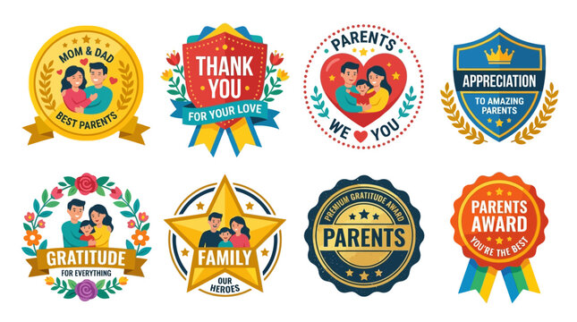 Family emblem collection showcases diverse parents and children designs featuring gratitude awards and congratulatory medals that symbolize the importance of honoring motherhood and fatherhood roles.