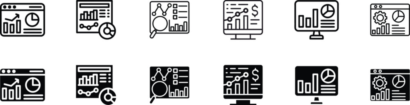 Business Analytics Dashboard Icon Set, Data Visualization Report Icons, Financial Statistics Glyph Symbols, Business Intelligence Dashboard Vector Collection, Analytics UI Icons Isolated on White Back