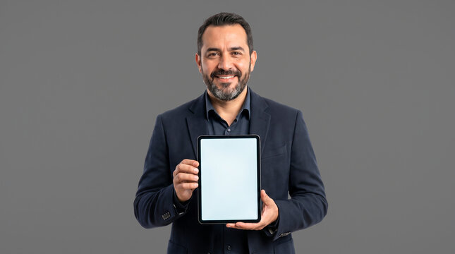 Mature Hispanic professional showing digital tablet screen isolated on white background