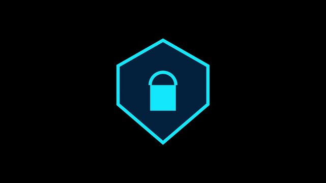 Animated padlock icon appearing inside a glowing blue hexagon frame