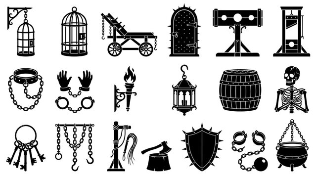 Medieval Dungeon Silhouette Set with Chains, Cages, Lanterns, Barrels and Stone Arches Decorative Vector Collection