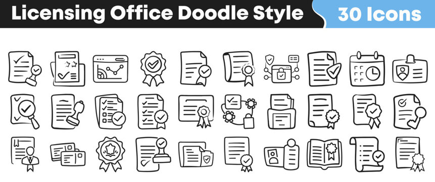 Set of thirty hand drawn licensing and business office icons