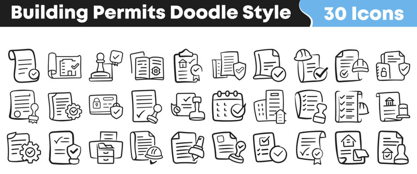 Set of thirty hand drawn building permit icons in doodle style