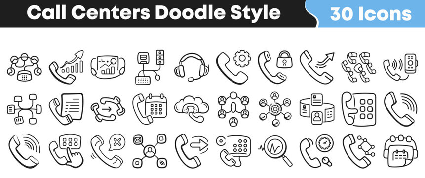 Set of thirty hand drawn call center service doodle icons