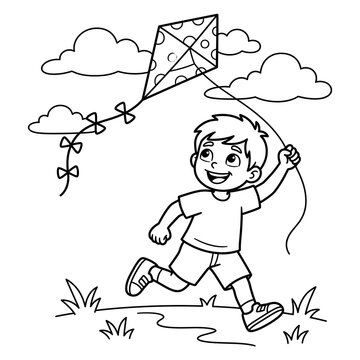 Happy Boy Flying a Kite Outdoors Running on Grass Under Cloudy Sky Illustration