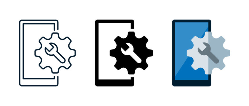 Mobile phone repair icon. Smartphone with gear and wrench symbol representing technical service, update, problem fix and maintenance. Transparent vector and PNG